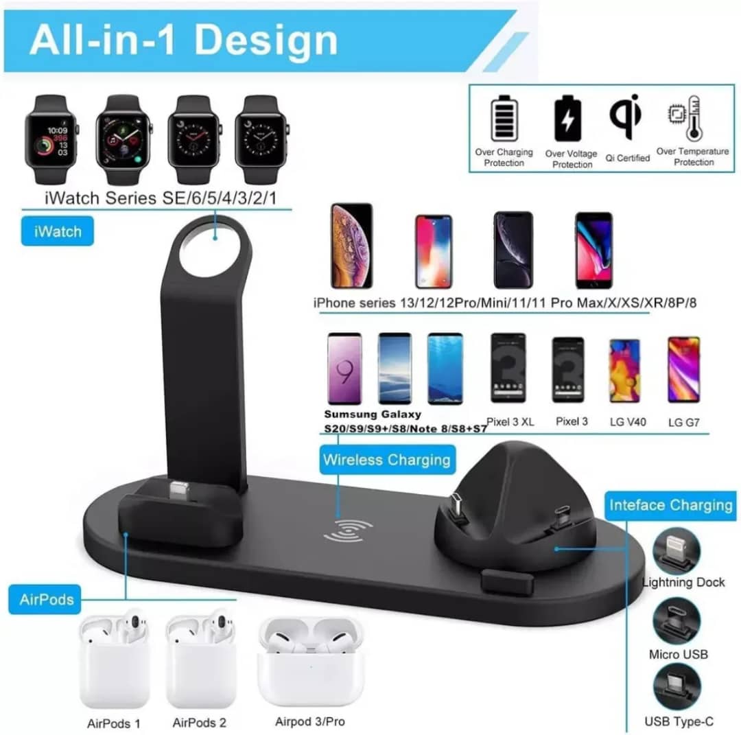 6-in-1 Qi Wireless Charging Station for iPhones; Samsung; Apple Wristwatches